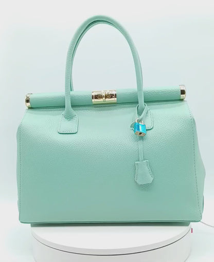 Lock & Key Genuine Pebble Leather Handbag Satchel - Mint Green – Made In Italy