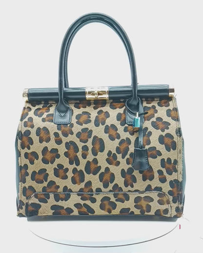 Lock & Key Brown Leopard Fur Black Genuine Leather Handbag Satchel – Made In Italy