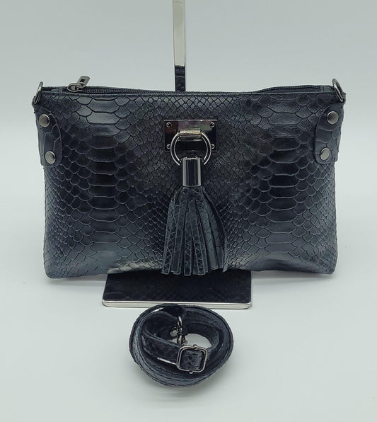 Snake Embossed Genuine Leather Crossbody Handbag - Black – Made In Italy - DumasvilleBoutique