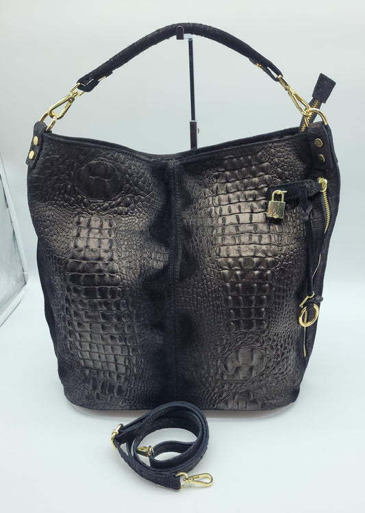 XL Genuine Leather & Suede Croc Embossed Shoulder Bag - Black - Made in Italy - DumasvilleBoutique