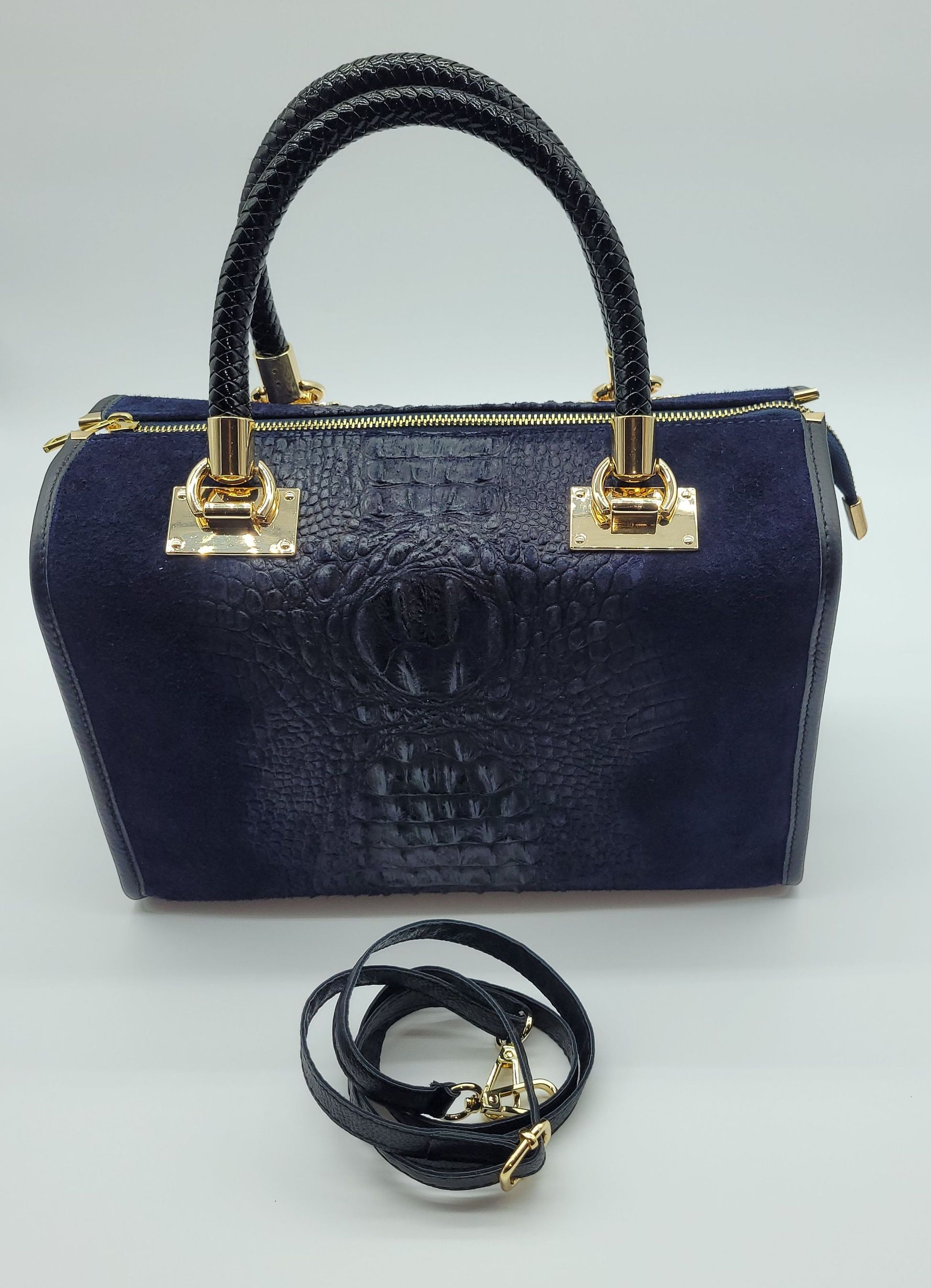 Italian Genuine Leather Croc Embossed Satchel Handbag Dark Blue