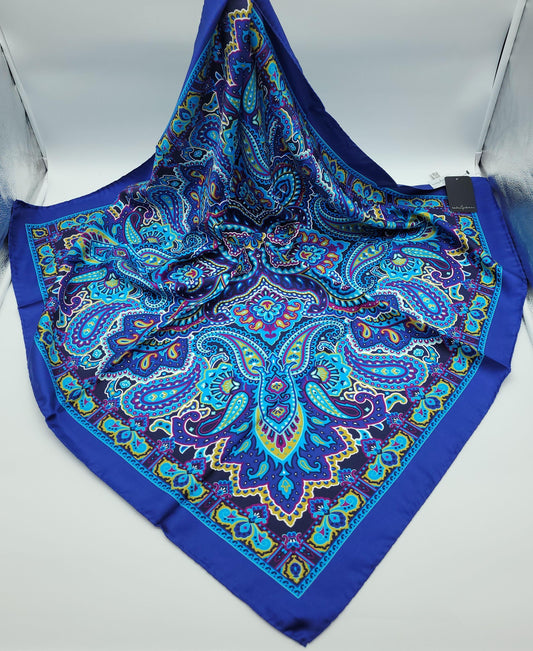 Designer Blue Paisley Silk Twill Square Scarf 35x35 – Made In Italy - DumasvilleBoutique