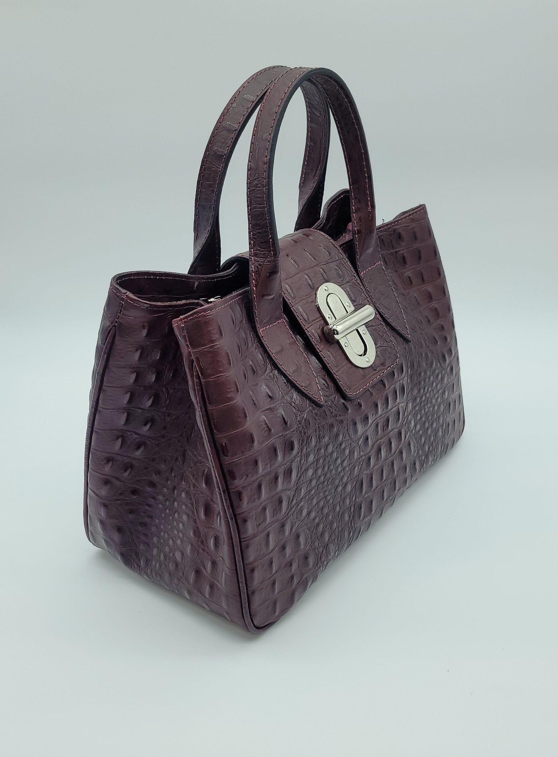  Burgundy Croc-Embossed Italian Leather Tote Handbag : Handmade  Products