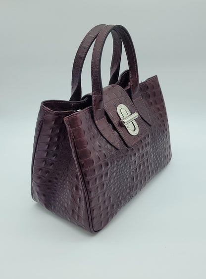 Genuine Leather Croc Embossed Handbag - Bordeaux – Made In Italy - DumasvilleBoutique