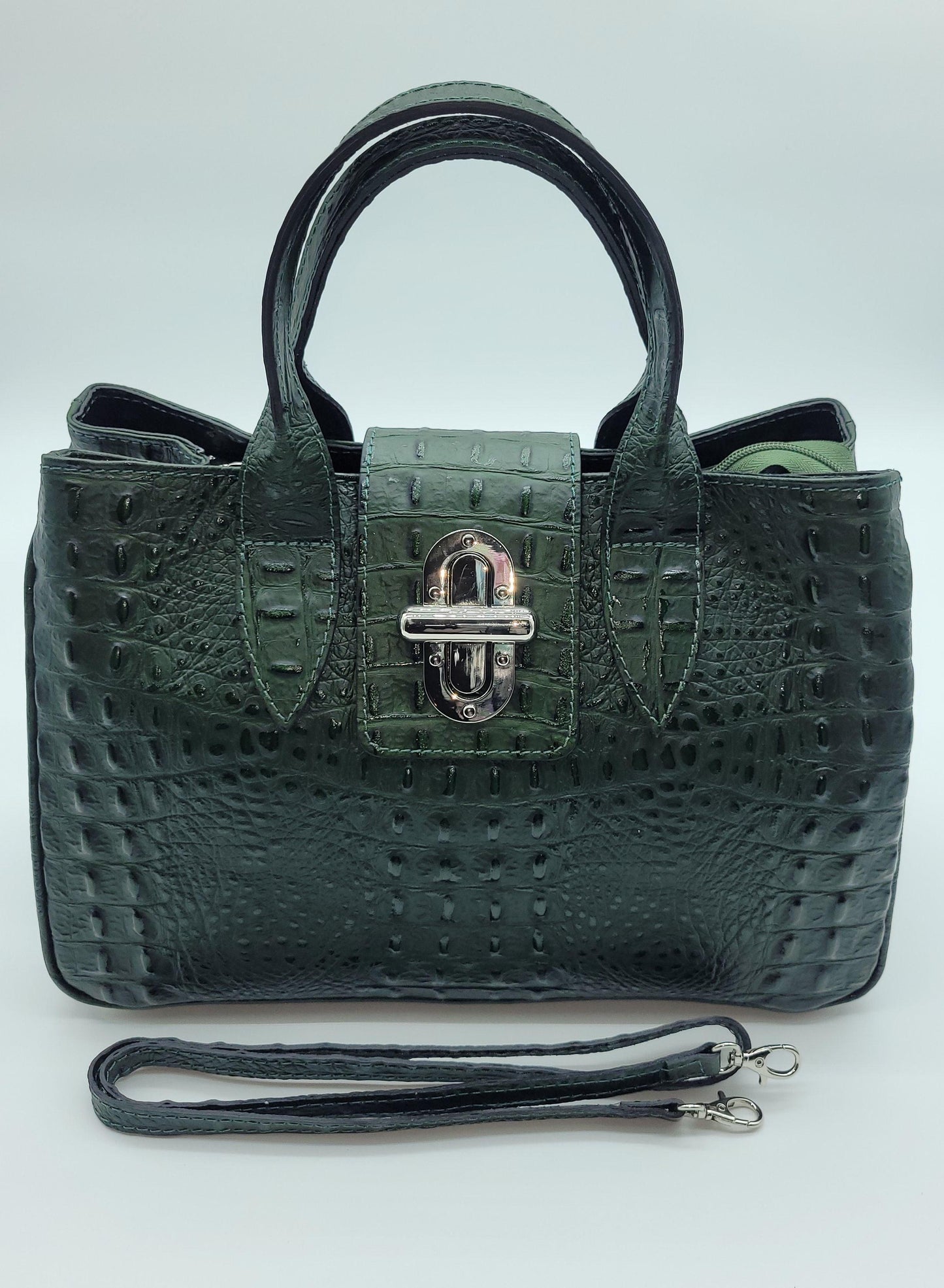 Genuine Leather Croc Embossed Satchel Handbag - Bottle Green – Made In Italy - DumasvilleBoutique