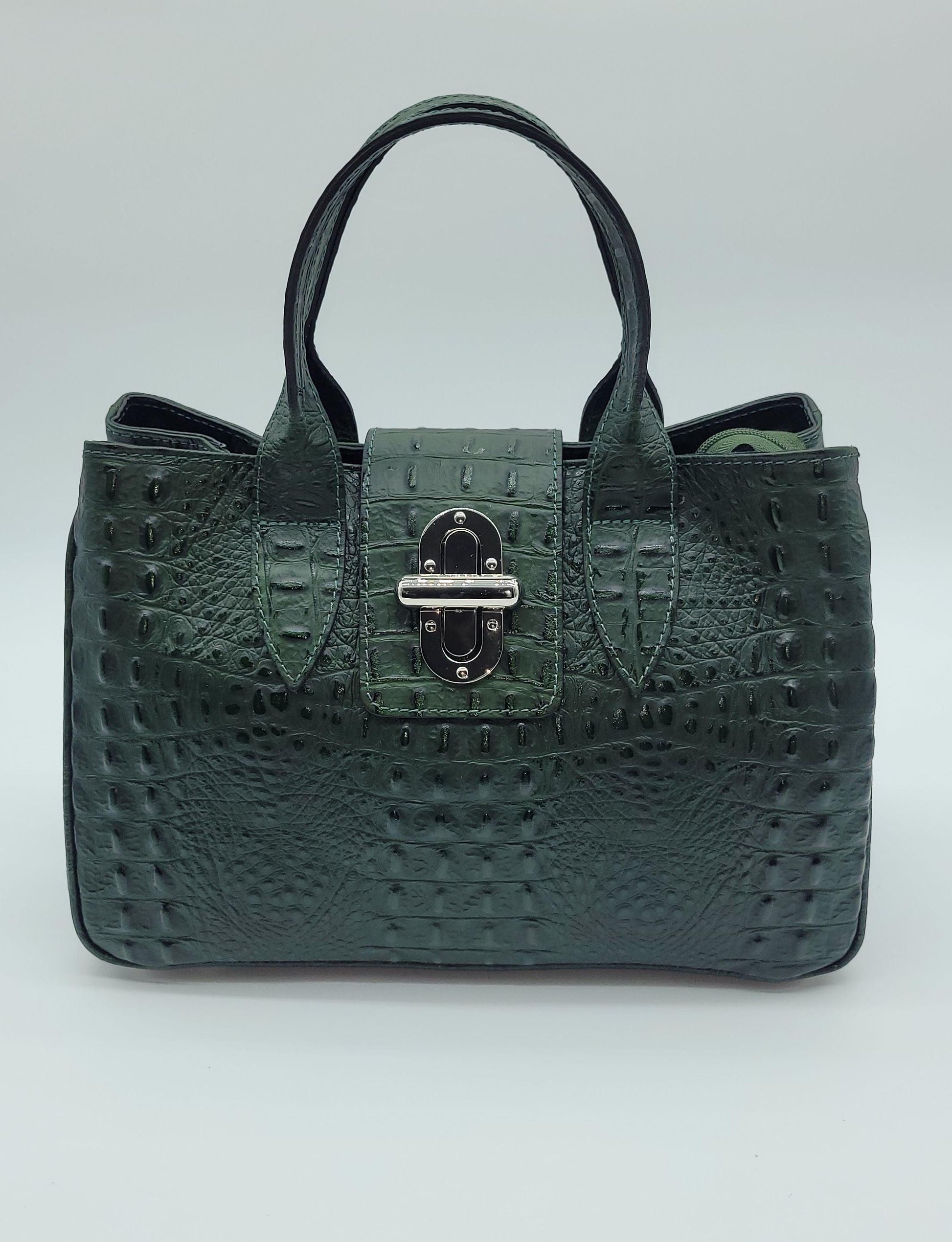 Genuine Leather Croc Embossed Satchel Handbag - Bottle Green – Made In Italy - DumasvilleBoutique