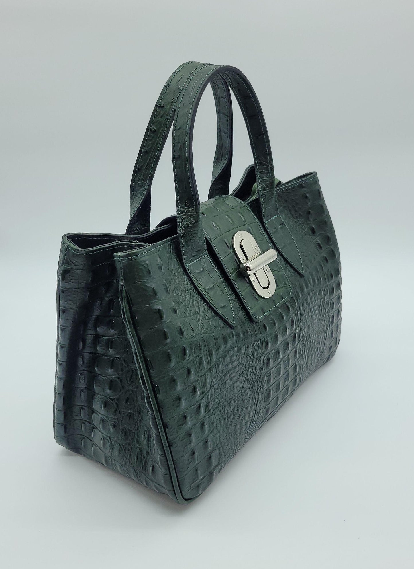 Genuine Leather Croc Embossed Satchel Handbag - Bottle Green – Made In Italy - DumasvilleBoutique