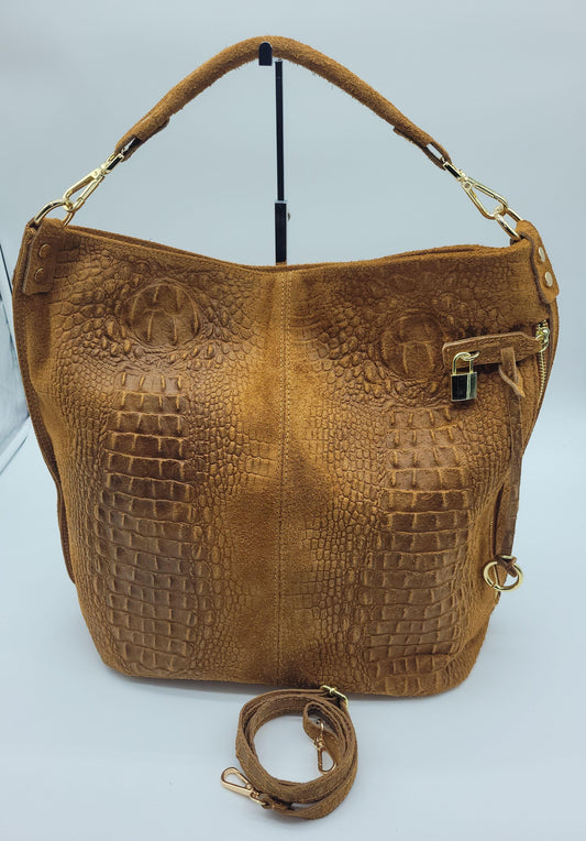 XL Genuine Leather & Suede Croc Embossed Shoulder Bag - Cognac Brown – Made In Italy - DumasvilleBoutique