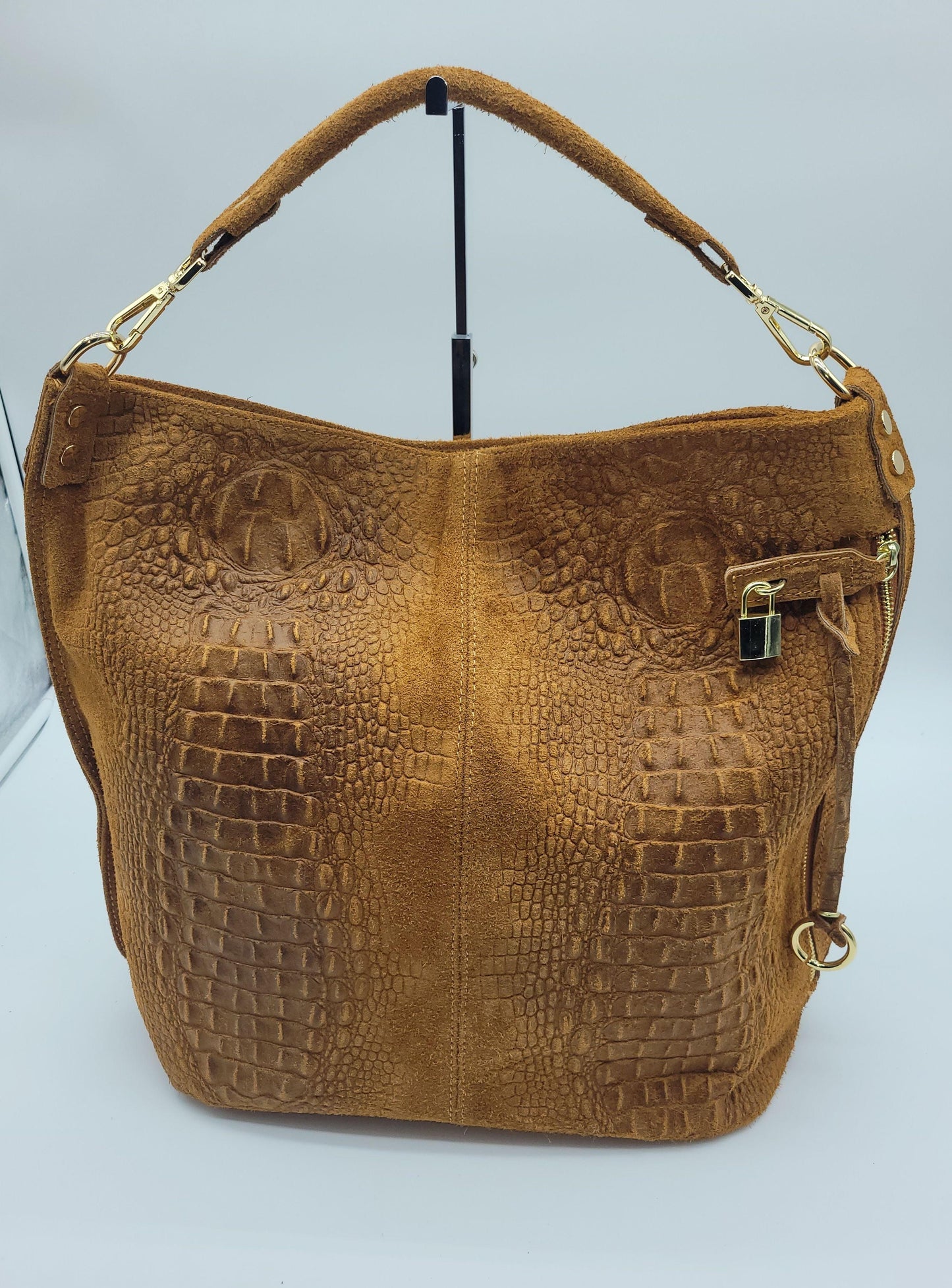 XL Genuine Leather & Suede Croc Embossed Shoulder Bag - Cognac Brown – Made In Italy - DumasvilleBoutique