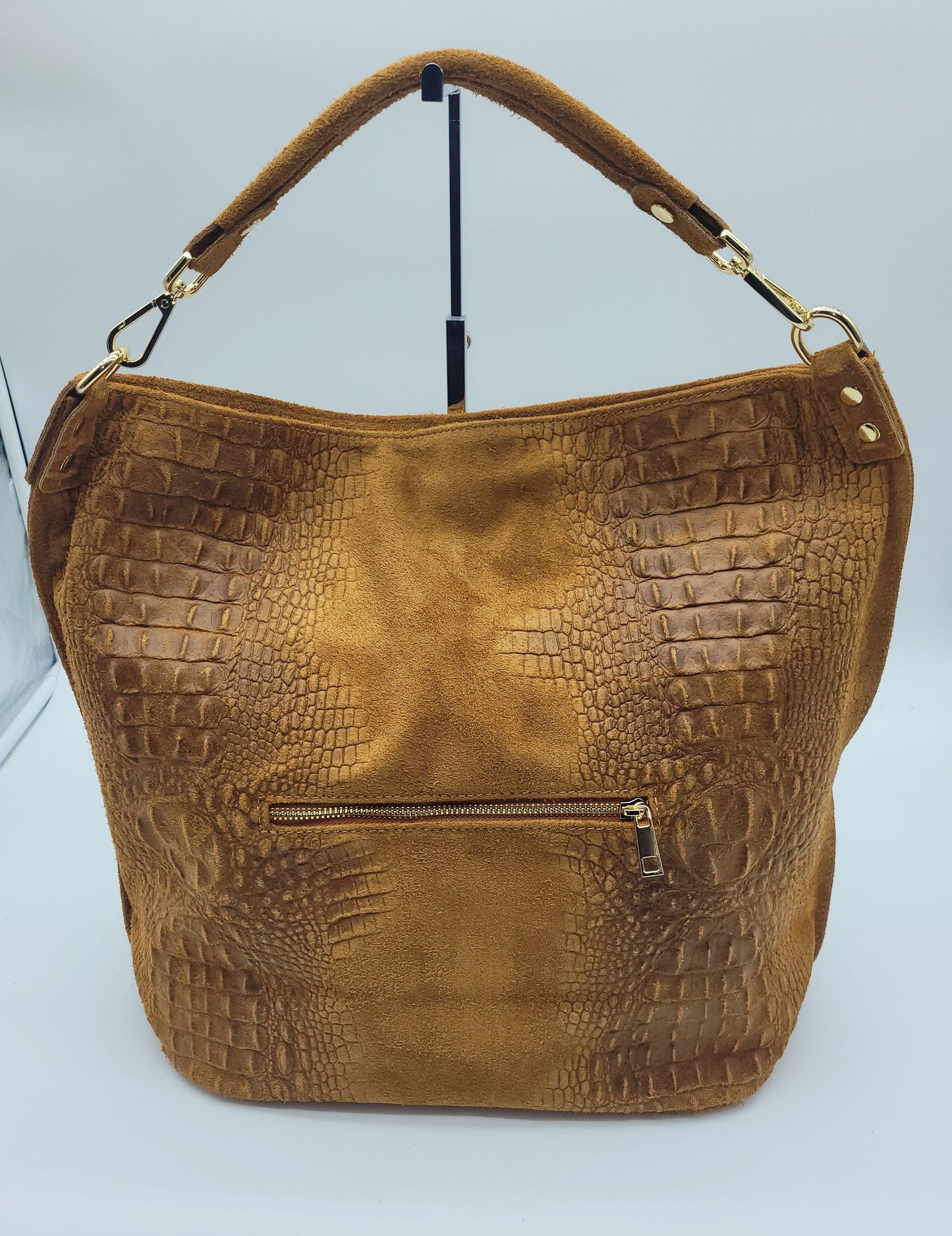 XL Genuine Leather & Suede Croc Embossed Shoulder Bag - Cognac Brown – Made In Italy - DumasvilleBoutique