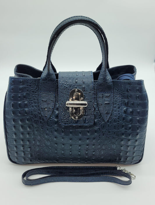 Genuine Leather Croc Embossed Satchel Handbag - Dark Blue – Made In Italy - DumasvilleBoutique