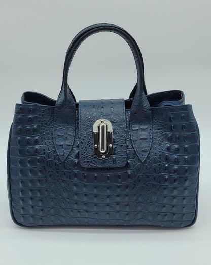 Genuine Leather Croc Embossed Satchel Handbag - Dark Blue – Made In Italy - DumasvilleBoutique