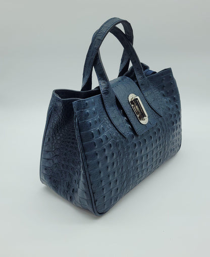 Genuine Leather Croc Embossed Satchel Handbag - Dark Blue – Made In Italy - DumasvilleBoutique