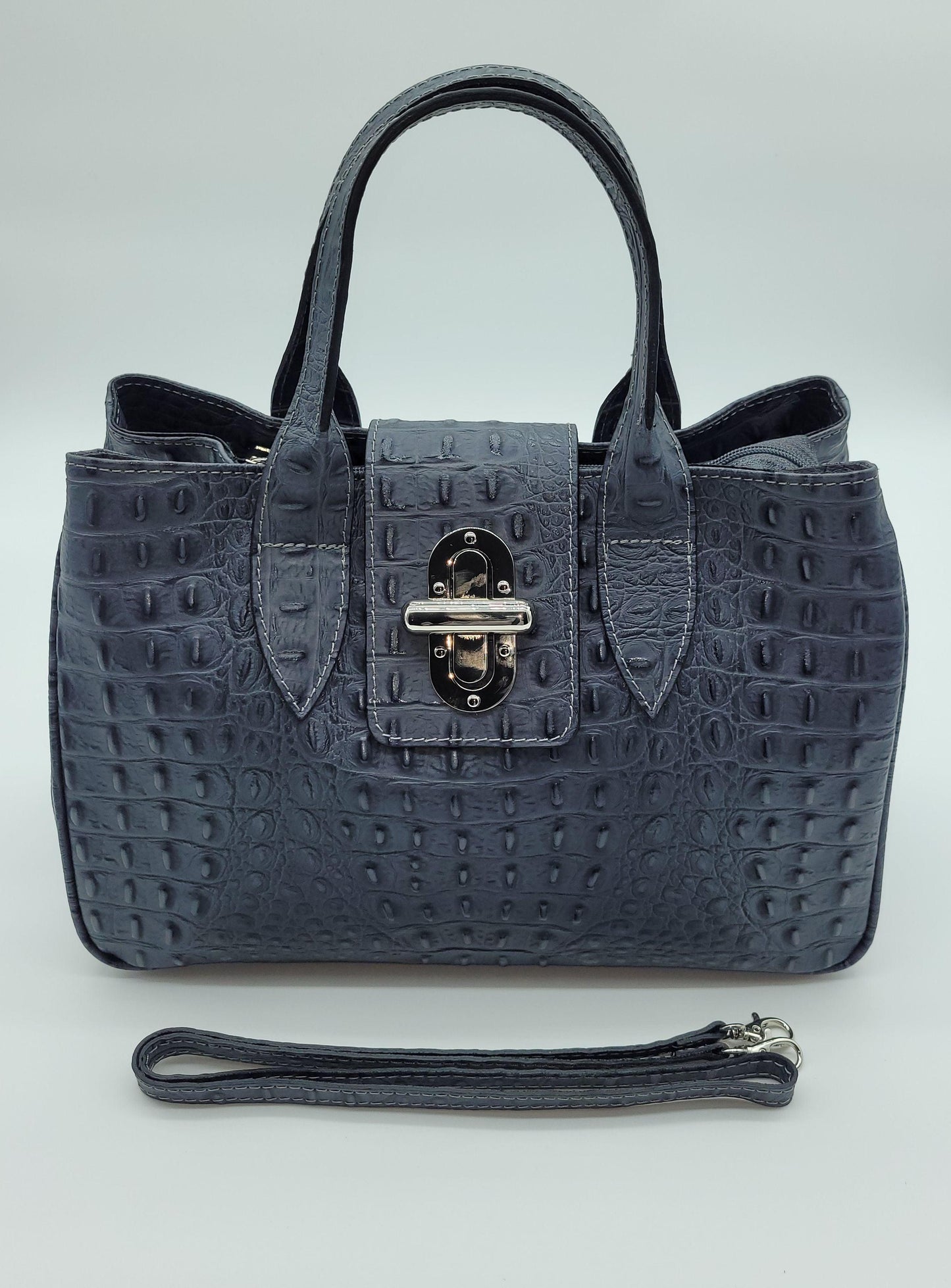 Genuine Leather Croc Embossed Satchel Handbag - Dark Gray – Made In Italy - DumasvilleBoutique