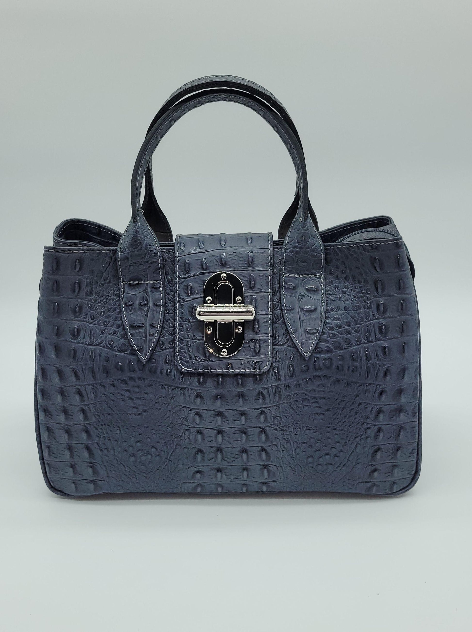 Genuine Leather Croc Embossed Satchel Handbag - Dark Gray – Made In Italy - DumasvilleBoutique