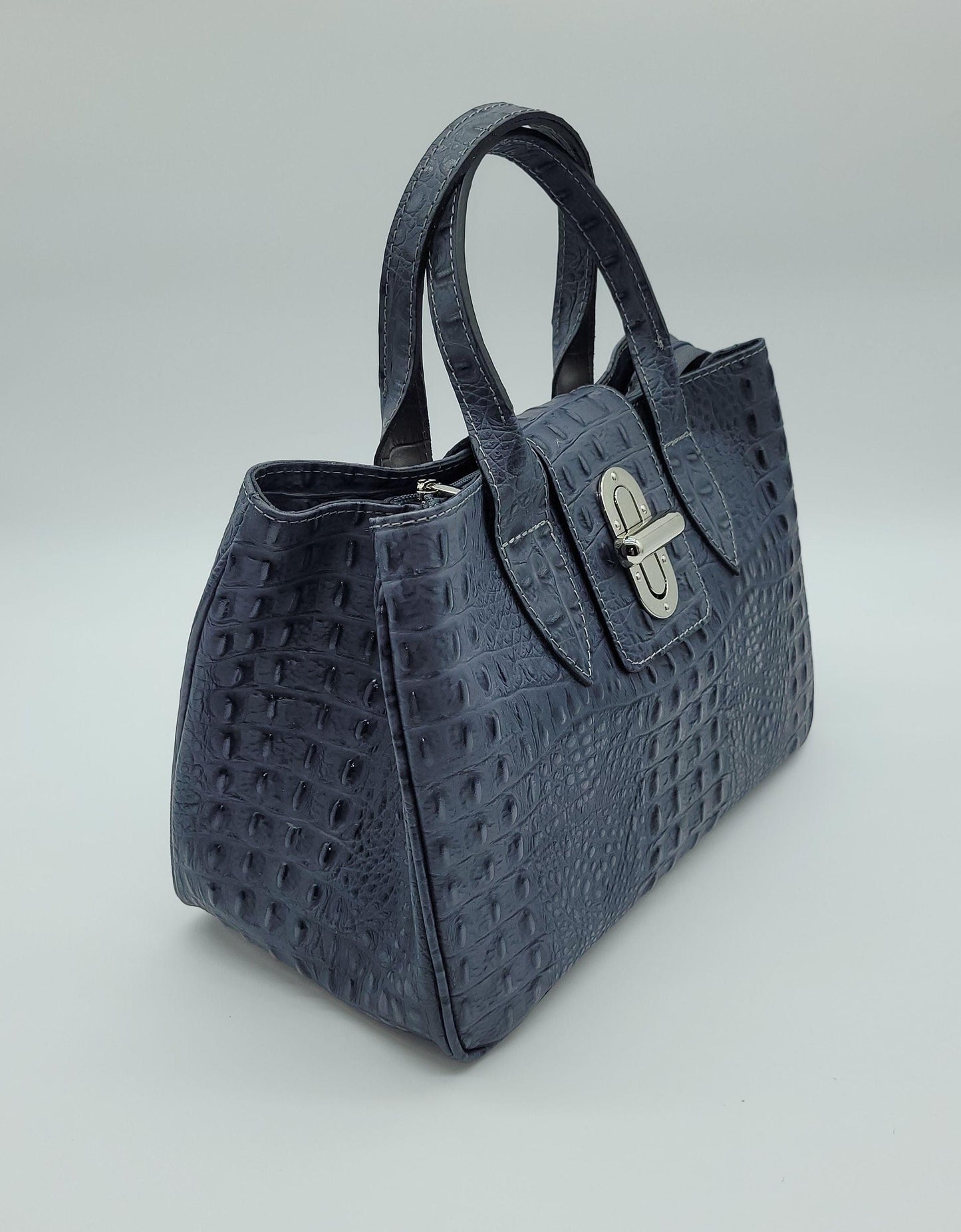 Genuine Leather Croc Embossed Satchel Handbag - Dark Gray – Made In Italy - DumasvilleBoutique