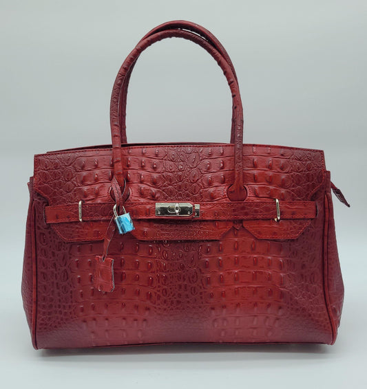Lock & Key Genuine Croc Embossed Leather Handbag Satchel Dark Red LARGER VERSION – Made In Italy - DumasvilleBoutique