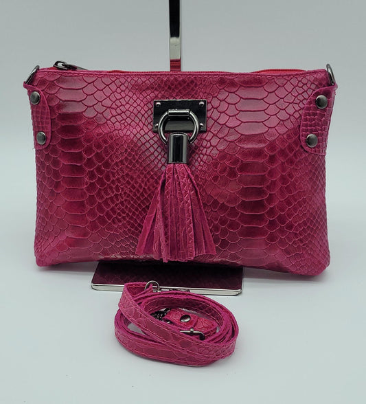 Snake Embossed Genuine Leather Crossbody Handbag - Fuchsia – Made In Italy - DumasvilleBoutique