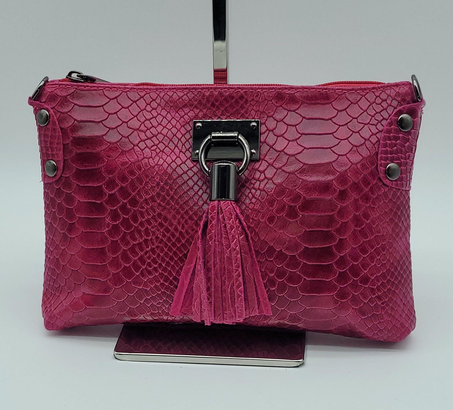 Snake Embossed Genuine Leather Crossbody Handbag - Fuchsia – Made In Italy - DumasvilleBoutique