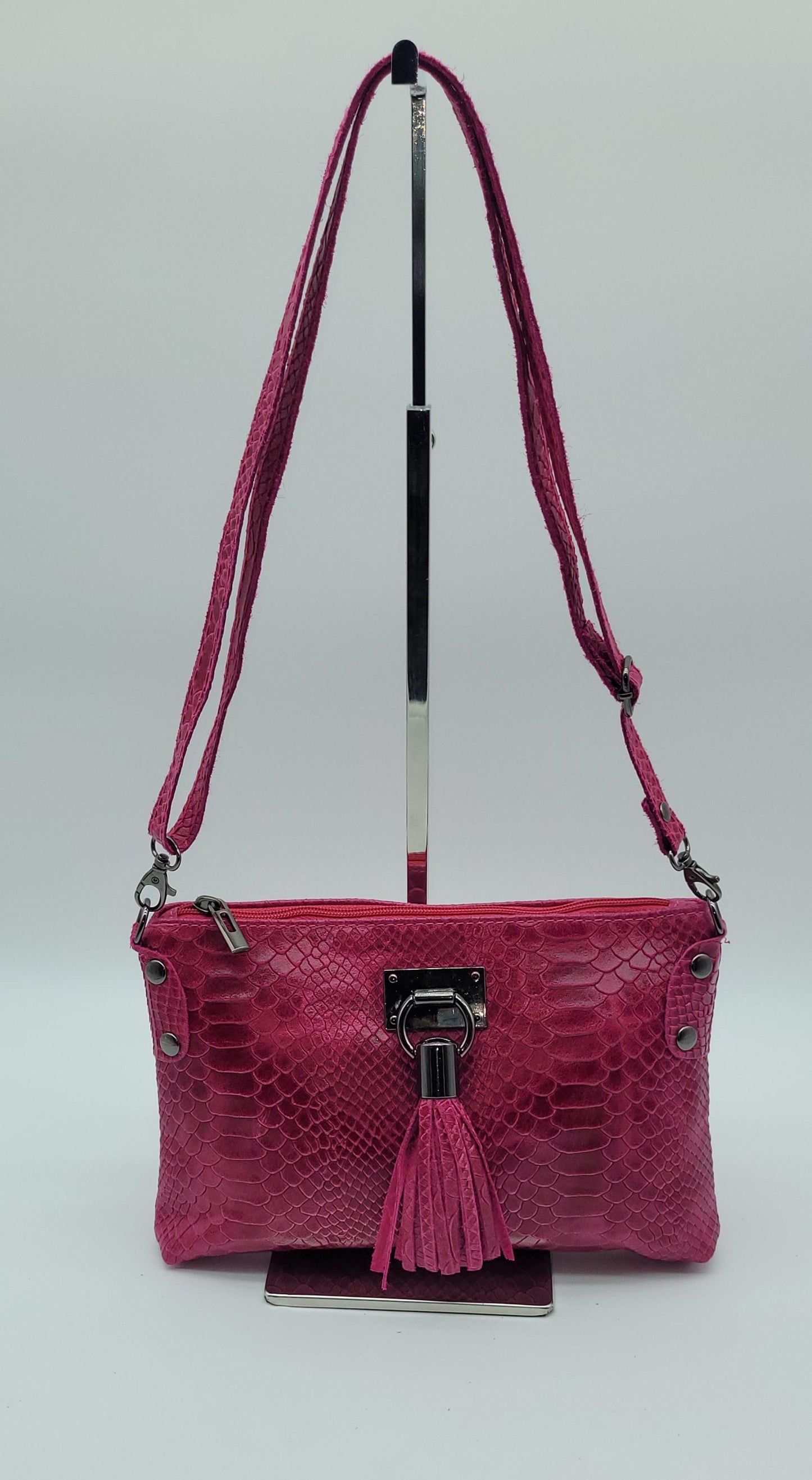 Snake Embossed Genuine Leather Crossbody Handbag - Fuchsia – Made In Italy - DumasvilleBoutique