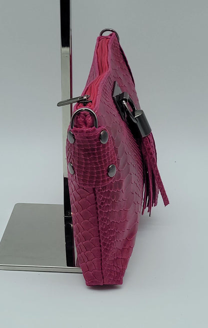 Snake Embossed Genuine Leather Crossbody Handbag - Fuchsia – Made In Italy - DumasvilleBoutique