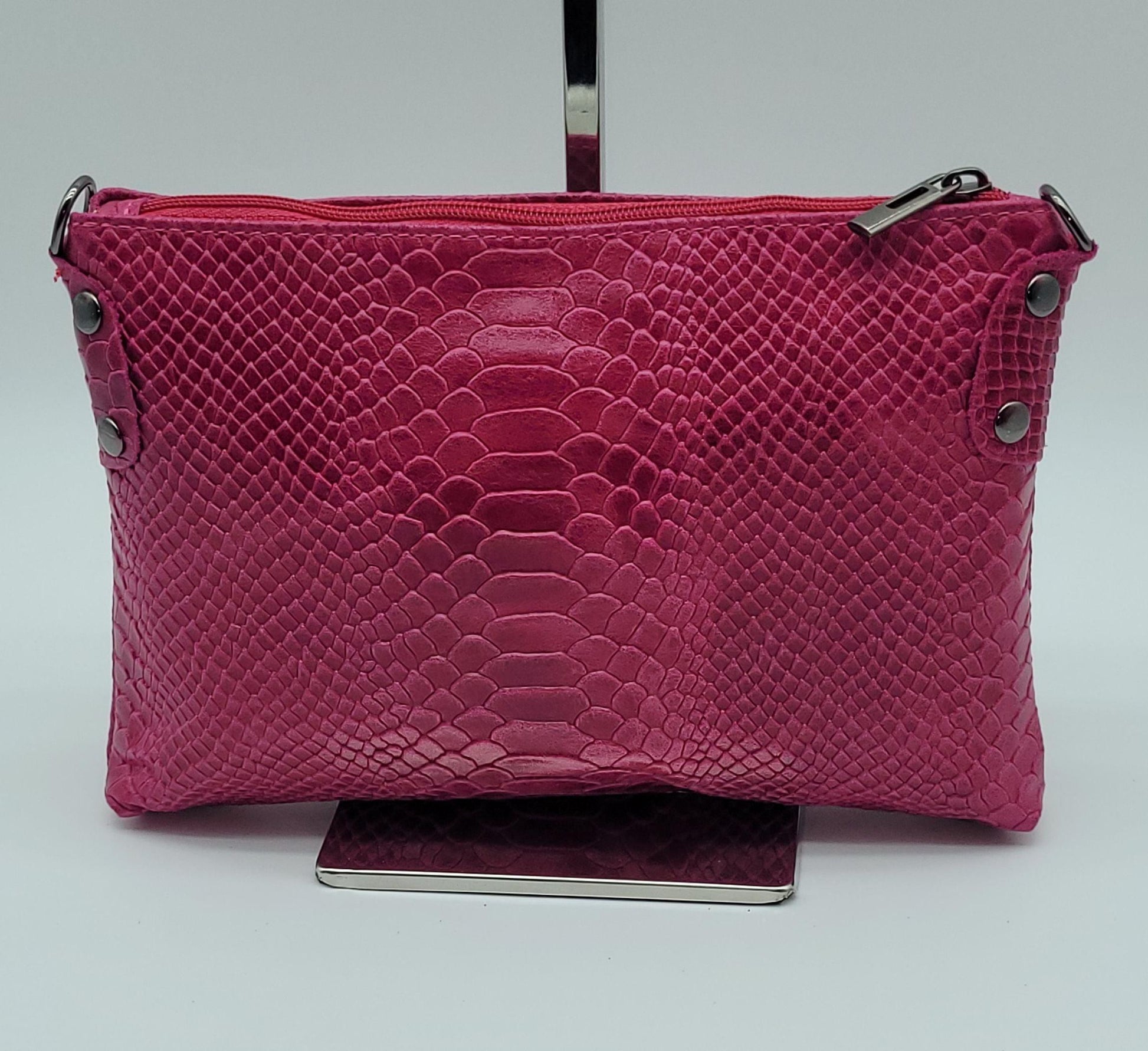 Snake Embossed Genuine Leather Crossbody Handbag - Fuchsia – Made In Italy - DumasvilleBoutique