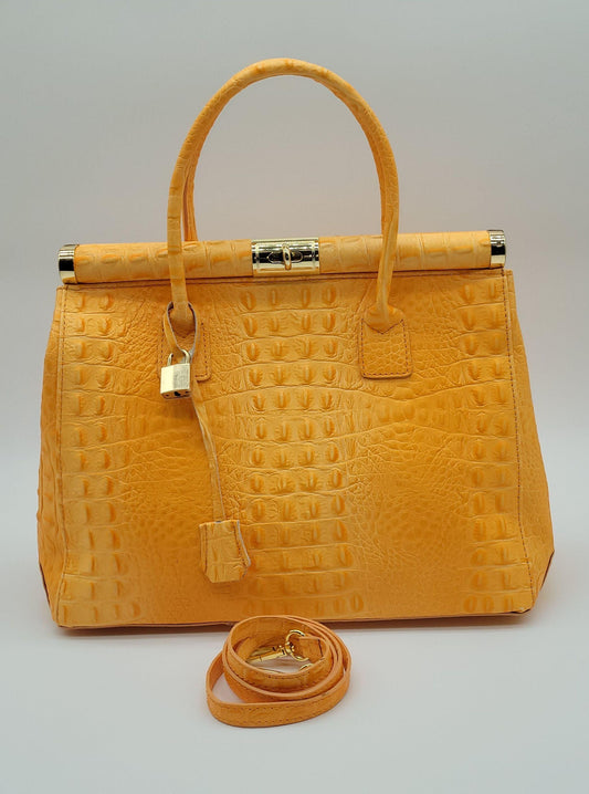 Lock & Key Genuine Croc Embossed Leather Handbag Satchel - Orange – Made In Italy - DumasvilleBoutique