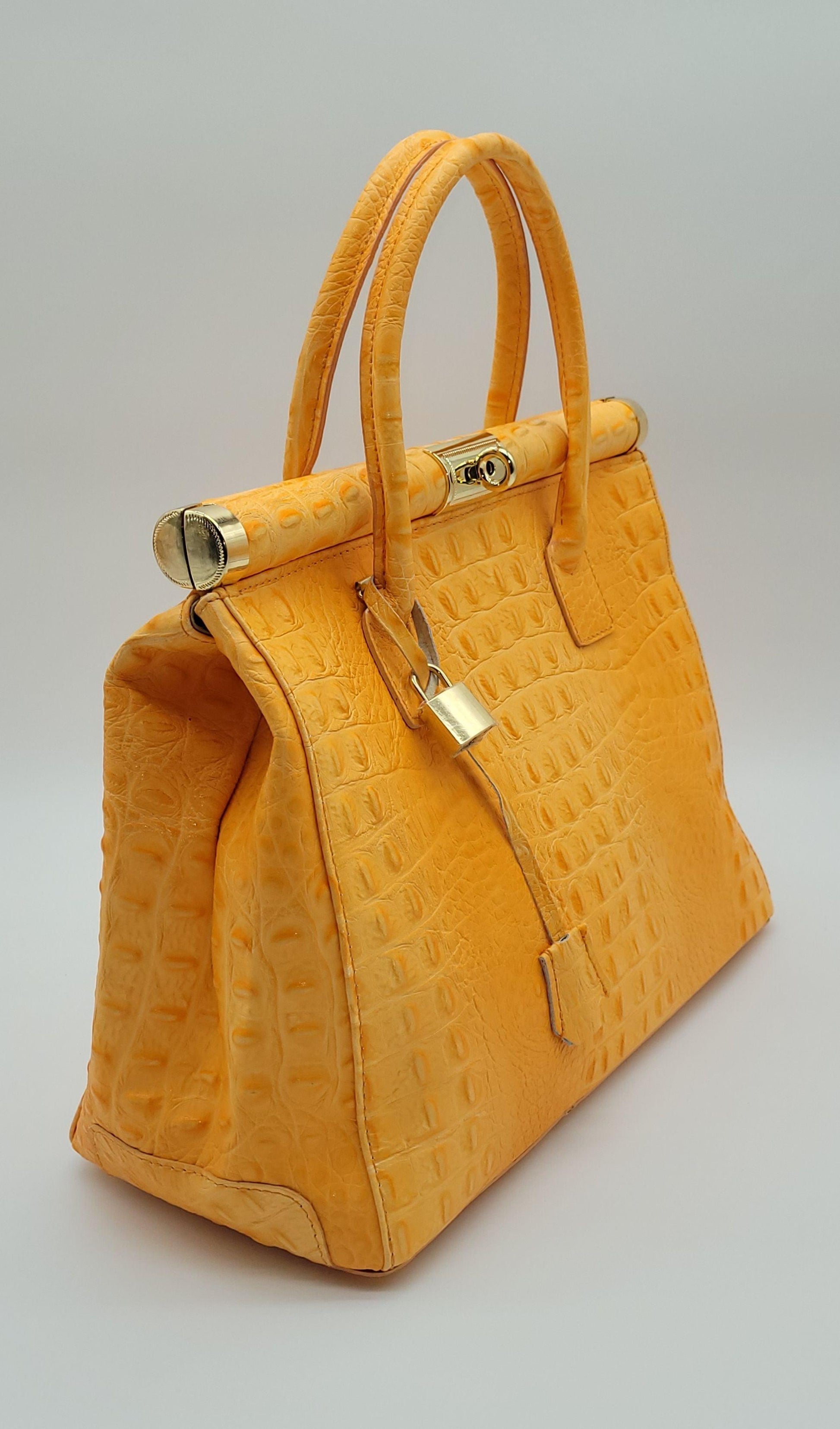Italian Lock & Key Genuine Croc Embossed Leather Handbag Satchel Orang –  DumasvilleBoutique