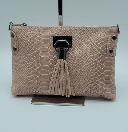 Snake Embossed Genuine Leather Crossbody Handbag - Pink – Made In Italy - DumasvilleBoutique