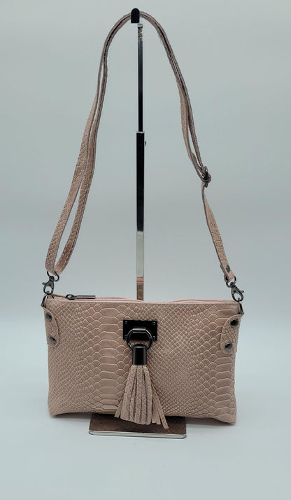 Snake Embossed Genuine Leather Crossbody Handbag - Pink – Made In Italy - DumasvilleBoutique