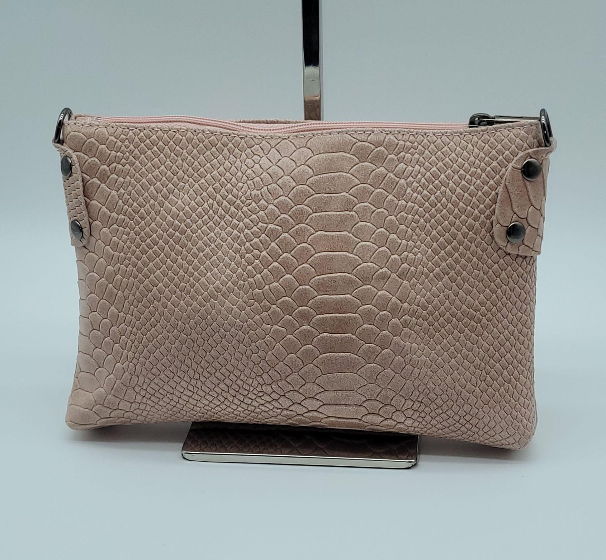 Snake Embossed Genuine Leather Crossbody Handbag - Pink – Made In Italy - DumasvilleBoutique