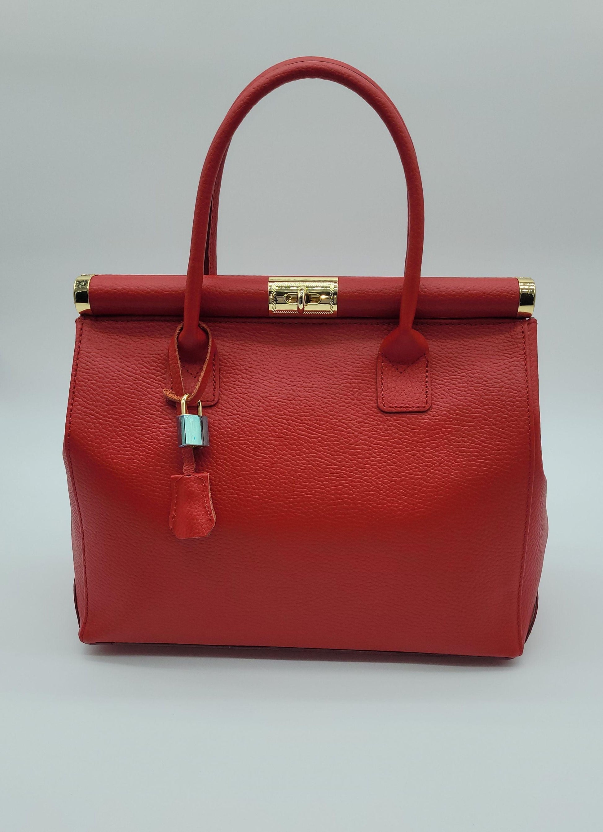 Lock & Key Genuine Pebble Leather Handbag Satchel - Red – Made In Italy - DumasvilleBoutique