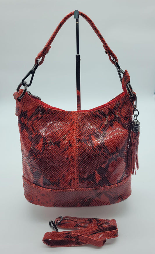 Genuine Leather Python Embossed Shoulder Handbag - Red – Made In Italy - DumasvilleBoutique