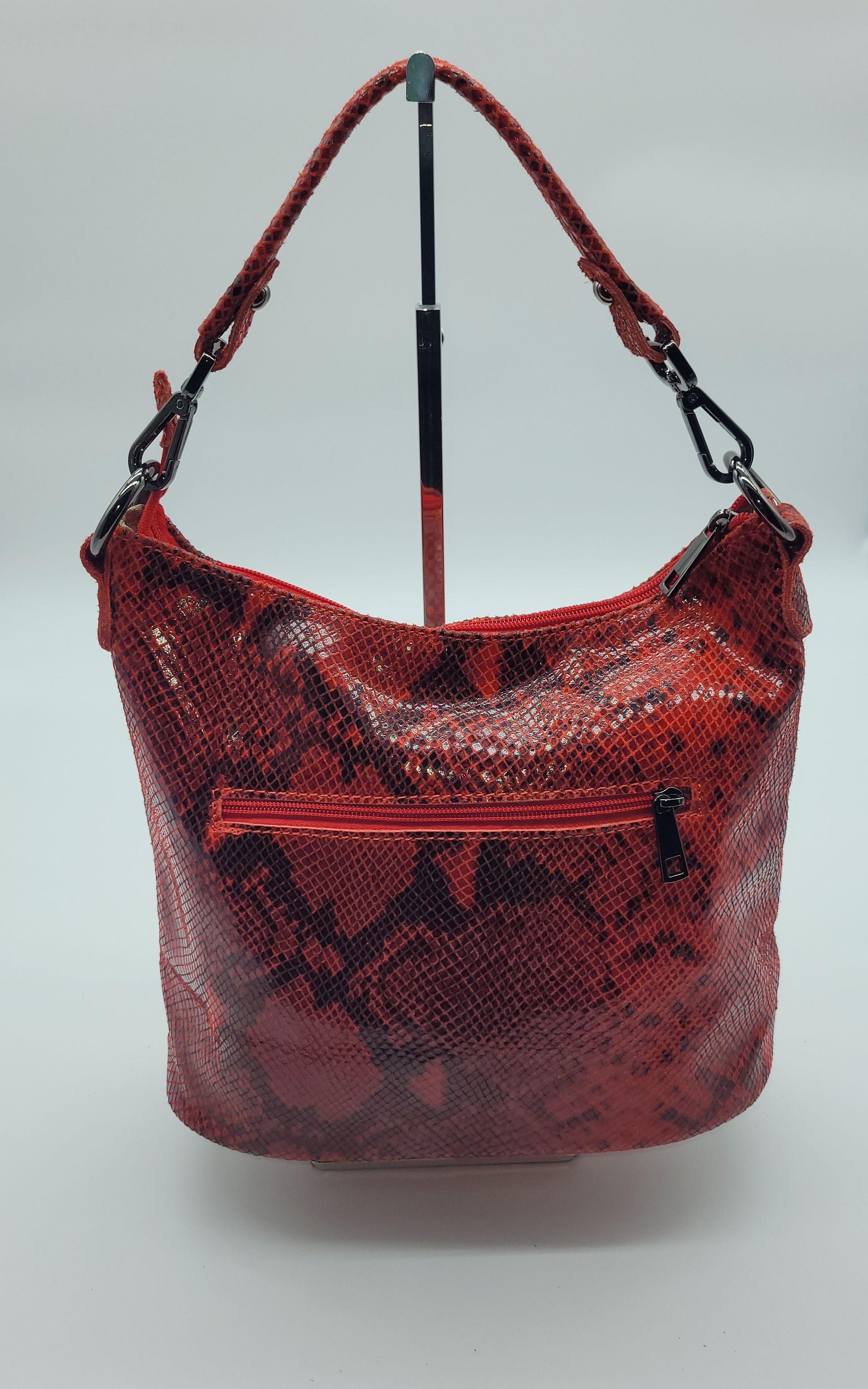 Genuine Leather Python Embossed Shoulder Handbag - Red – Made In Italy - DumasvilleBoutique