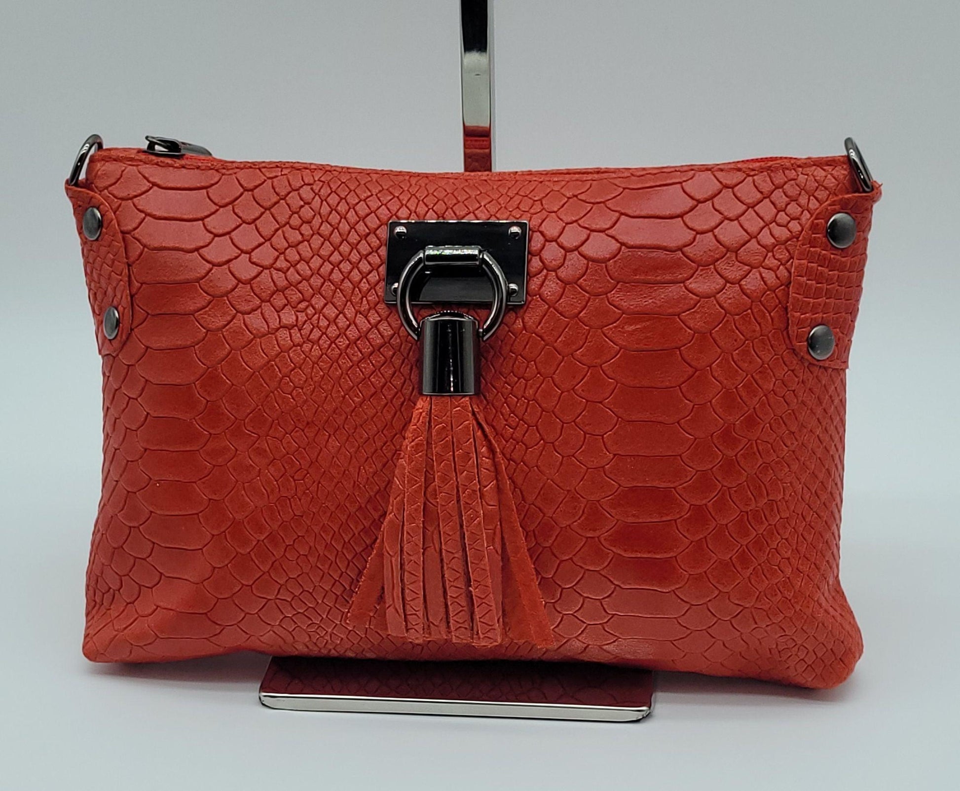 Snake Embossed Genuine Leather Crossbody Handbag - Bright Red – Made In Italy - DumasvilleBoutique