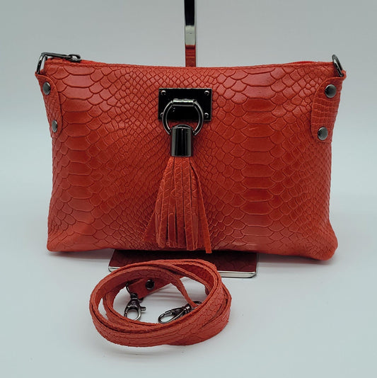 Snake Embossed Genuine Leather Crossbody Handbag - Bright Red – Made In Italy - DumasvilleBoutique