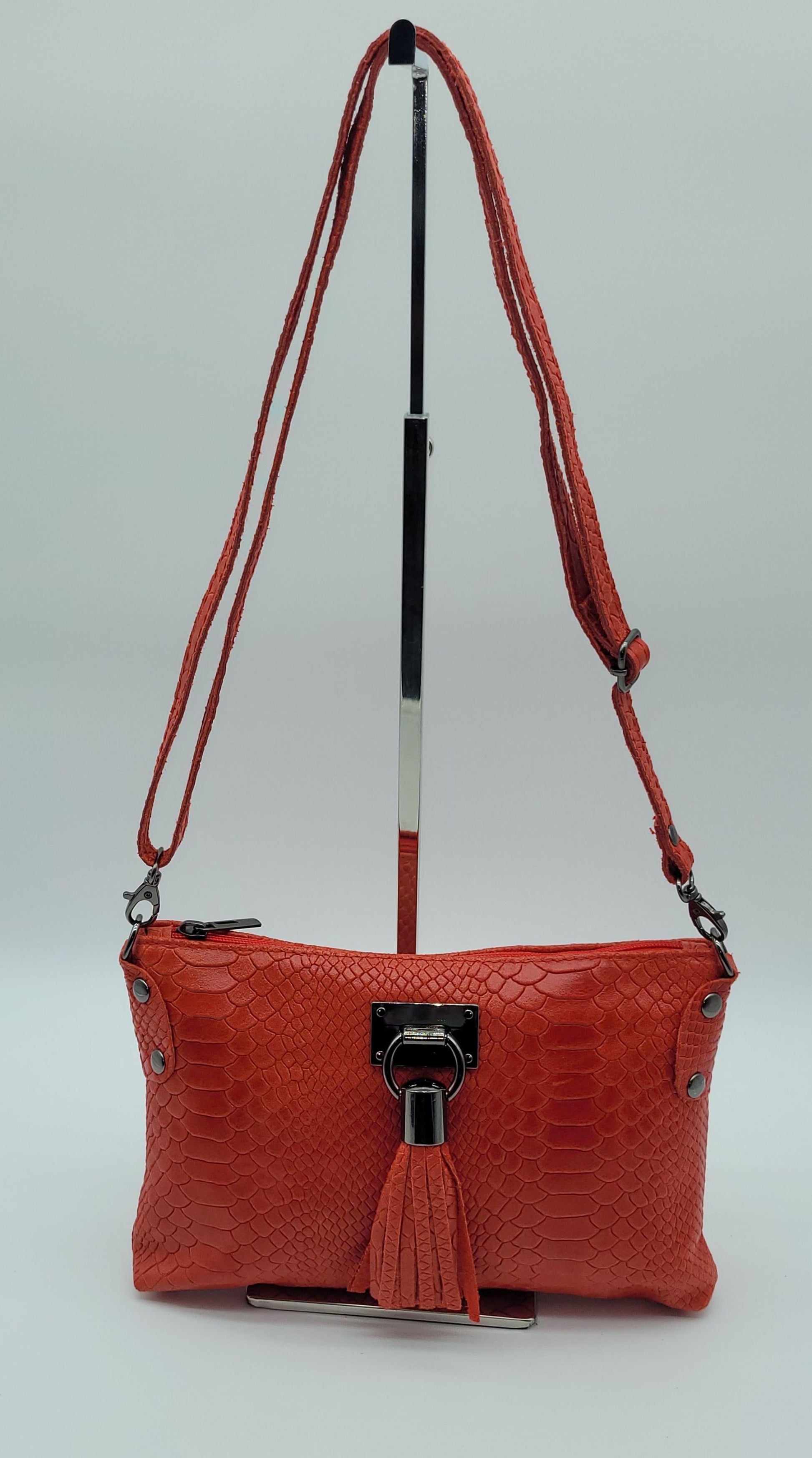 Snake Embossed Genuine Leather Crossbody Handbag - Bright Red – Made In Italy - DumasvilleBoutique