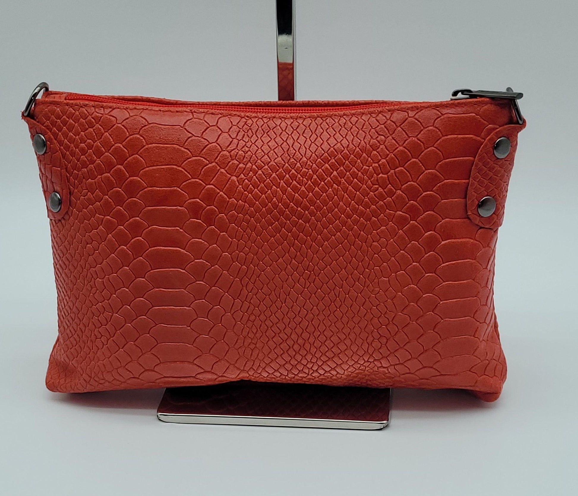 Snake Embossed Genuine Leather Crossbody Handbag - Bright Red – Made In Italy - DumasvilleBoutique