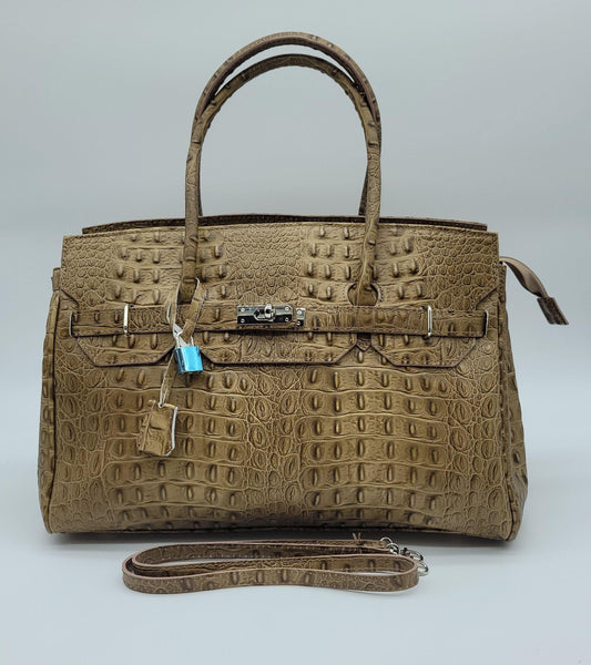 Lock & Key Genuine Croc Embossed Leather Handbag Satchel Taupe LARGER VERSION – Made In Italy - DumasvilleBoutique