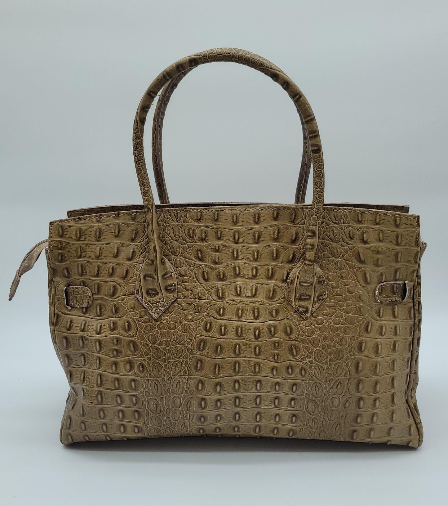 Lock & Key Genuine Croc Embossed Leather Handbag Satchel Taupe LARGER VERSION – Made In Italy - DumasvilleBoutique